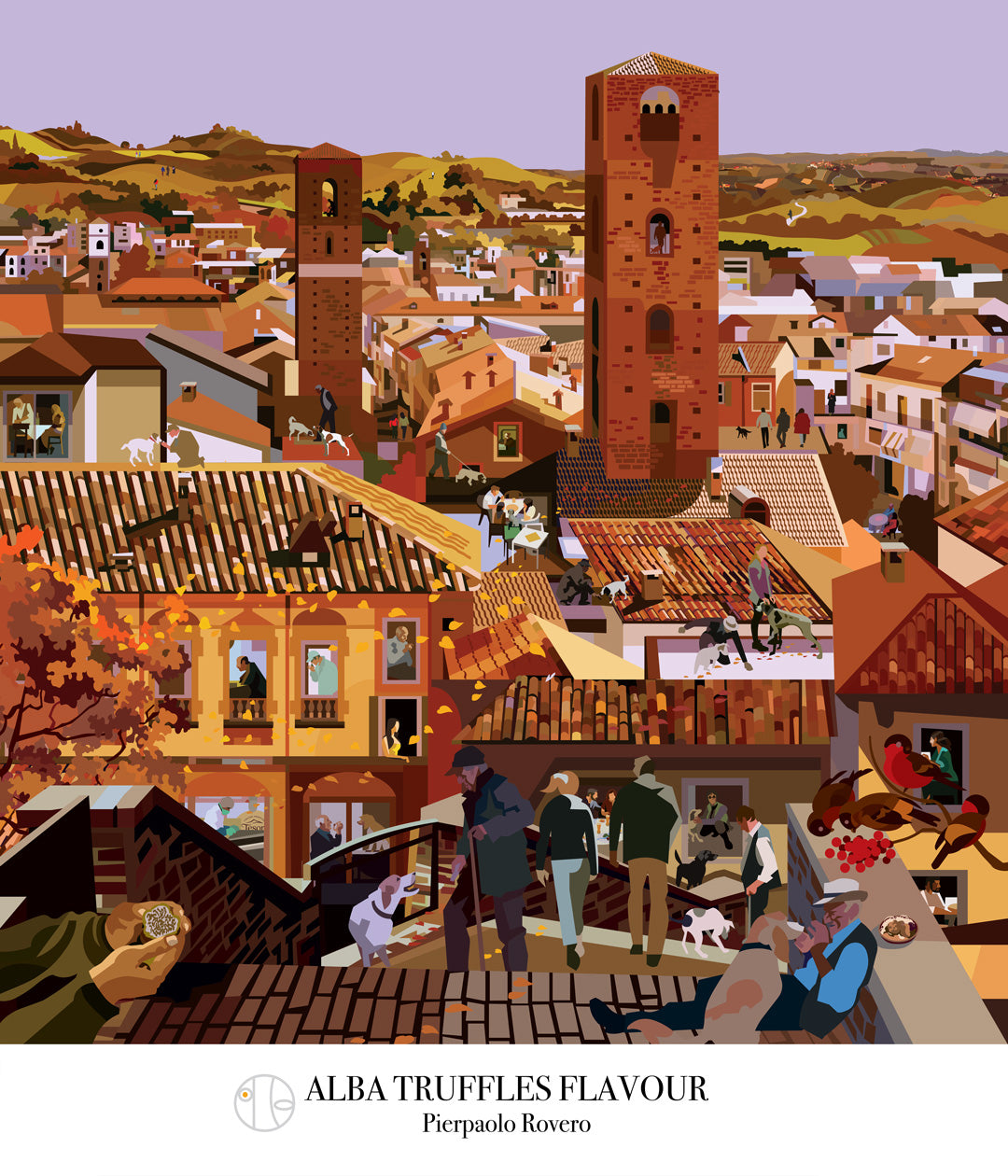 Scopri "Alba Truffle Flavour", quadro originale. l'illustrazione iconica di Pierpaolo Rovero che cattura la magia della stagione del tartufo bianco ad Alba. Un'opera ricca di dettagli, dove storia e tradizione si fondono in una rappresentazione vivace della raccolta del tartufo.